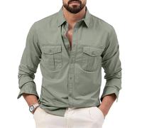 Manica Lunga Camicia Uomo retrò Tinta Unita Resistente all'Usura Esterno Camicia vestibilità Regolare con Tasche Safari Camicia Primavera Autunno Casual Camicia Uomo E-Grey Green M