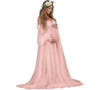 Manica lunga Perla Tulle Robe Maternità Vestito per Photoshoot Off Spalla Lingerie Baby Shower Abito Gravidanza AH052, Pesca, 64 Più