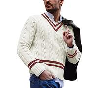 Manica Lunga Pullover Uomo Moda Abbinamento Colori Righe Maglione Uomo Tendenza Scollo V Maglieria Uomo Elasticizzato vestibilità Slim Comodo all-Match Pull Uomo A-White M