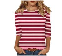 Maniche a 3/4, maglione da donna a righe, con stampa a maniche lunghe, casual, scollo rotondo, sottile, estivo, leggero, in cotone, a maniche lunghe, #10 rosso, XL