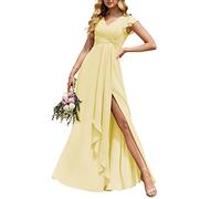 Maniche a volant Abiti da damigella d'onore Alto Basso Chiffon Pieghe V Collo Abito formale per le donne, Giallo, 40