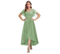 Maniche corte Madre della Sposa Abiti Chiffon Scollo a V Lunghezza tè Abito da sera formale Una linea Abito da sposa ospite con tasche, Verde salvia, 38