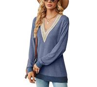 Maniche Lunghe Top Donna Elegante T Shirt Donna Scollo V a Maniche Lunghe Classica Moda Maniche Lunge T-Shirt(Blu Cielo XL)