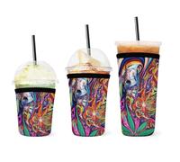 Maniche per caffè freddo portatili con motivo a teschio colorato, foglie di erba e arte psichedelica, riutilizzabili in neoprene per tazze isolate, per bevande calde e fredde, conservazione del calor