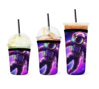 Maniche per caffè freddo portatili con motivo spaziale, galassia viola, astronauta psichedelico, riutilizzabili, in neoprene, per bevande calde e fredde, conservazione del calore.
