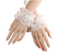 Manicotti da donna in pizzo gotico con accenti di perle e fiocco decorativo, eleganti polsini da polso guanti per tutte le stagioni, guanti neri per feste e balli (bianco crema)