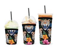 Manicotti isolanti lavabili per caffè freddo, per bevande fredde, bevande, manicotto riutilizzabile per tazza in neoprene con stampa leopardata e ghepardo con motivi floreali della giungla