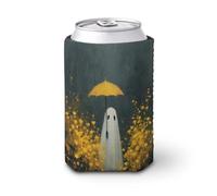 Manicotto refrigerante per lattine di birra, con fantasma bianco che tiene l'ombrello giallo, può coprire la birra refrigerante morbida e isolata, supporto per bevande per feste in spiaggia eventi