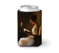 Manicotto refrigerante per lattine di birra, con scritta in lingua inglese "Woman Reading by The Candle", morbido e isolato, per feste, spiaggia, eventi a casa