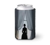 Manicotto refrigerante per lattine di birra, con vestito nero da donna in piedi vicino alla finestra, per raffreddare la birra, morbido, isolato, per feste, spiaggia, eventi a casa