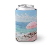 Manicotto refrigerante per lattine di birra, due sedie da spiaggia sotto l'ombrello rosa possono coprire la birra refrigerante morbida e isolata, supporto per bevande per feste, spiaggia, eventi a