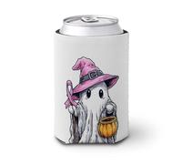 Manicotto refrigerante per lattine di birra, grazioso cappello da strega rosa con fantasma, che tiene un bastone, per raffreddare la birra, morbido supporto isolato per bevande per feste, spiaggia