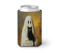 Manicotto refrigerante per lattine di birra, motivo fantasma di Halloween con gatto nero e chiesa può coprire la birra, morbido supporto isolato per bevande per feste, spiaggia, eventi a casa