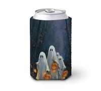 Manicotto refrigerante per lattine di birra, simpatici fantasmi che camminano nel vecchio sentiero della foresta e zucche possono coprire la birra, morbido supporto isolato per bevande per feste