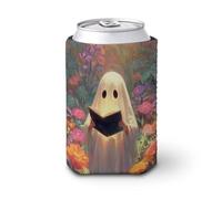 Manicotto refrigerante per lattine di birra, simpatico fantasma che legge nel giardino fiorito, può coprire la birra refrigerante morbida e isolata, supporto per bevande per feste, spiaggia, eventi a