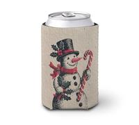 Manicotto refrigerante per lattine di birra, stile vintage, con pupazzo di neve, bastoncini di zucchero, Linocut, morbido e isolato, per feste, spiaggia, eventi a casa