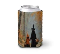 Manicotto refrigerante per lattine di birra, strega e figlia che camminano in autunno nel sentiero della foresta può coprire la birra fresca morbida isolata porta bevande per feste in spiaggia eventi