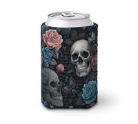Manicotto refrigerante per lattine di birra, vintage con rose e teschi e fiori, può coprire la birra, morbido supporto isolato per bevande per feste, spiaggia, eventi a casa