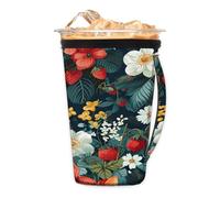 Manicotto riutilizzabile per caffè freddo con manico e motivo floreale, con fragola, portabicchieri isolato in neoprene per bevande fredde, tazza da caffè accogliente, adatta a tazze, bicchieri, tazze