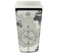 Manicotto riutilizzabile per tazze di caffè ghiacciato, bussola con mappa del mondo, isolante, in neoprene, per bevande fredde, supporto per tazze da 907,2 g