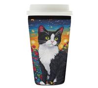 Manicotto riutilizzabile per tazze di caffè ghiacciato gatto rosa rossa isolante manica in neoprene per bevande fredde gatto pittura a olio bevande supporto per tazze da 76 - 793,8 g
