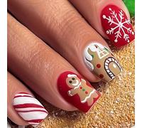 Manicure di vacanza Premere sulle unghie Breve Bastone Quadrato sulle Unghie Cartoon Pupazzo Di Neve E Fiocchi di Neve
