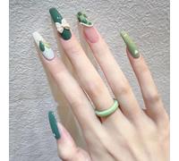 Manicure for il miglioramento del temperamento, lungo fiocco d'amore dipinto a mano a scacchiera bianco verde, armatura super bianca indossata a mano.(XS)