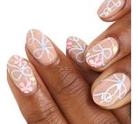 Manicure indossabile con nastro e fiore con finitura lucida color carne, punte corte ovali a copertura completa per vestirsi quotidianamente, fine settimana e rapidi cambiamenti di bellezza a casa