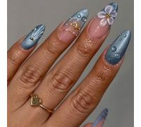 Manicure press-on a mandorla con punta francese blu e base trasparente, decorazione floreale 3D, set di 30 punte finte in ABS, per fai da te e stile quotidiano