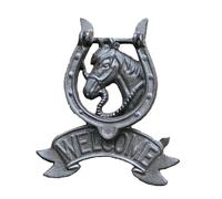 Maniglia per batacchio Battente for porta con testa di cavallo in ghisa, montaggio a parete, design decorativo a ferro, 21,2x18,5 cm, stile vintage