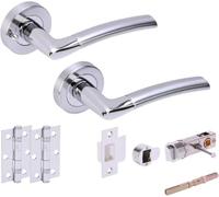 Maniglie Interne per Porte con Perno e Cerniere Doppia, Impugnatura Privacy | Kit completo con corpo serratura, cerniere a sfere e maniglie su rosone per installazione rapida