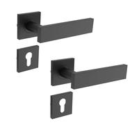 Maniglie per porte nere con rosette quadrate BB, maniglie per porte interne, nere, in acciaio inox, nero opaco, per porte della stanza standard DIN (cilindro quadrato in PVC profilato)