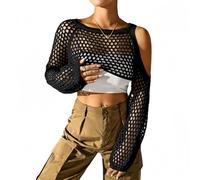 MANJIAMEI Bolero a maniche lunghe da donna, top a rete corta a spalle nude coperta traforata a maglia Bolero in maglia per abbigliamento da discoteca carnevale festival musicale e club, Nero , AS