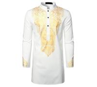 MANJIAMEI Camicia da uomo Dashiki corta, camicia Henley a maniche lunghe abbottonata con stampa laminata, top casual musulmano in cotone e lino, camicie tradizionali musulmane per uso quotidiano