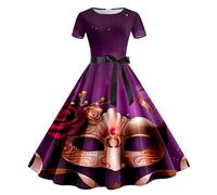 MaNMaNing Abito Donna Stampa Carnevale per Feste Carnevale Natale Vestito Corto Manica Corta Retro Party Elegante Sexy