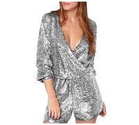 MaNMaNing Abito Lungo Aderente Donna con Scollo Profondo A V Maniche Lunghe E Paillettes Modello Elegante Capo Perfetto Vestito per Serate Estive