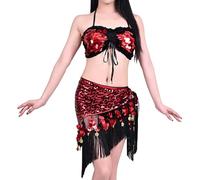 MaNMaNing Completi Danza Donna Lustrini Frange Per Carnevale Stage Performance Due Pezzi Set Elegante Red, One Size