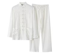 MaNMaNing Completo Uomo Lino Cotone Due Pezzi Camicia Casual Lunga Manica Pantaloni Stile Cinese Vintage Taglio Ampio Tai Chi Abbigliamento Tradizione Traspirante Bianco, XL