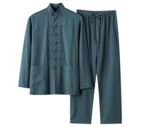 MaNMaNing Completo Uomo Lino Cotone Due Pezzi Camicia Casual Lunga Manica Pantaloni Stile Cinese Vintage Taglio Ampio Tai Chi Abbigliamento Tradizione Traspirante Verde, 3XL