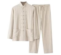 MaNMaNing Completo Uomo Lino Cotone Due Pezzi Camicia Casual Lunga Manica Pantaloni Stile Cinese Vintage Taglio Ampio Tai Chi Abbigliamento Tradizione Traspirante Cachi, 4XL