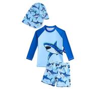 MaNMaNing Costume da Bagno Costume da Bagno Estivo per Bambini a Maniche Lunghe con Stampa di Cartoni Animati, Pantaloni Corti, Cappello, Set da Tre Pezzi (Blue, 3-4 Years)