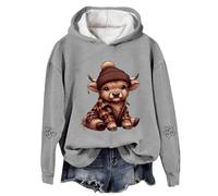 MaNMaNing Felpa con Cappuccio Donna Mucca Highlander Flanella Western Stampa Pullover Maglia Cappuccio Morbido Pile Caldo Country per Le Feste E Lo Stile Boho (Grey, XXL)