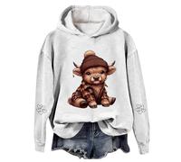 MaNMaNing Felpa con Cappuccio Donna Mucca Highlander Flanella Western Stampa Pullover Maglia Cappuccio Morbido Pile Caldo Country per Le Feste E Lo Stile Boho (Bianco, S)