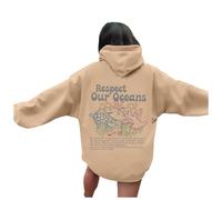 MaNMaNing Felpa con Cappuccio Donna Respect Our Oceans Stampa Lettere Ampia Maglia Pullover Cappuccio Casual Ambientale Confortevole E Significativa per Tutti I Giorni (Cachi, L)
