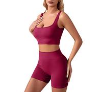 MaNMaNing Set Yoga Donna Due Pezzi Top Senza Ferretto Costine e Leggins Corti a Vita Alta Senza Cuciture Elastici Morbidi per Palestra e Fitness Snellenti Modellanti Coordinati