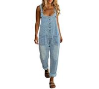 MaNMaNing Tuta Jeans Jumpsuit Donna Senza Maniche Vintage Larga Gamba Dritta Tasche Perfetta per L'Estate Tutina Denim Streetwear