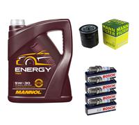 MANN Filtro Olio 5L MANNOL Energy 5W-30 BOSCH Candele Per VW Polo Coupe 1.3 Cat