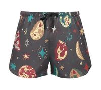 Mano Drawn Planets Moon Stars Blue Pajama Bottoms for Women, Elastic Waist Drawstring Lounge Shorts Yoga, S