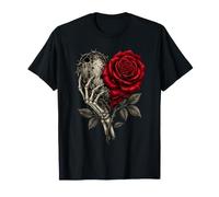 Mano Scheletro Che Tiene Il Fiore Rosa Rossa Cuore Maglietta