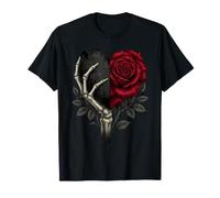 Mano Scheletro Che Tiene Il Fiore Rosa Rossa Cuore Maglietta